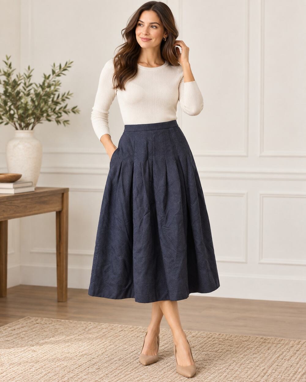 Talbots Navy Blue Pleated Wool Midi Skirt Size 10 100% Wool Classic Career